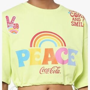 Only X Coca Cola Peace Bright Yellow Green 100% Cotton Cropped Top Size XS
